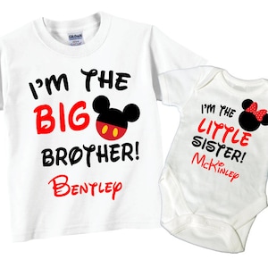 2 Big Brother or Little Sister Shirts or Bodysuits. Sibling shirts for big brother or little brother. Pregnancy announcement shirts onesies.