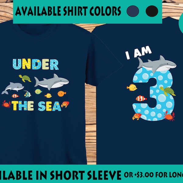 3RD Birthday Sea Animal Shirts (ANY AGE)  and Tshirts featuring Ocean Animals on Black or Navy Shirt