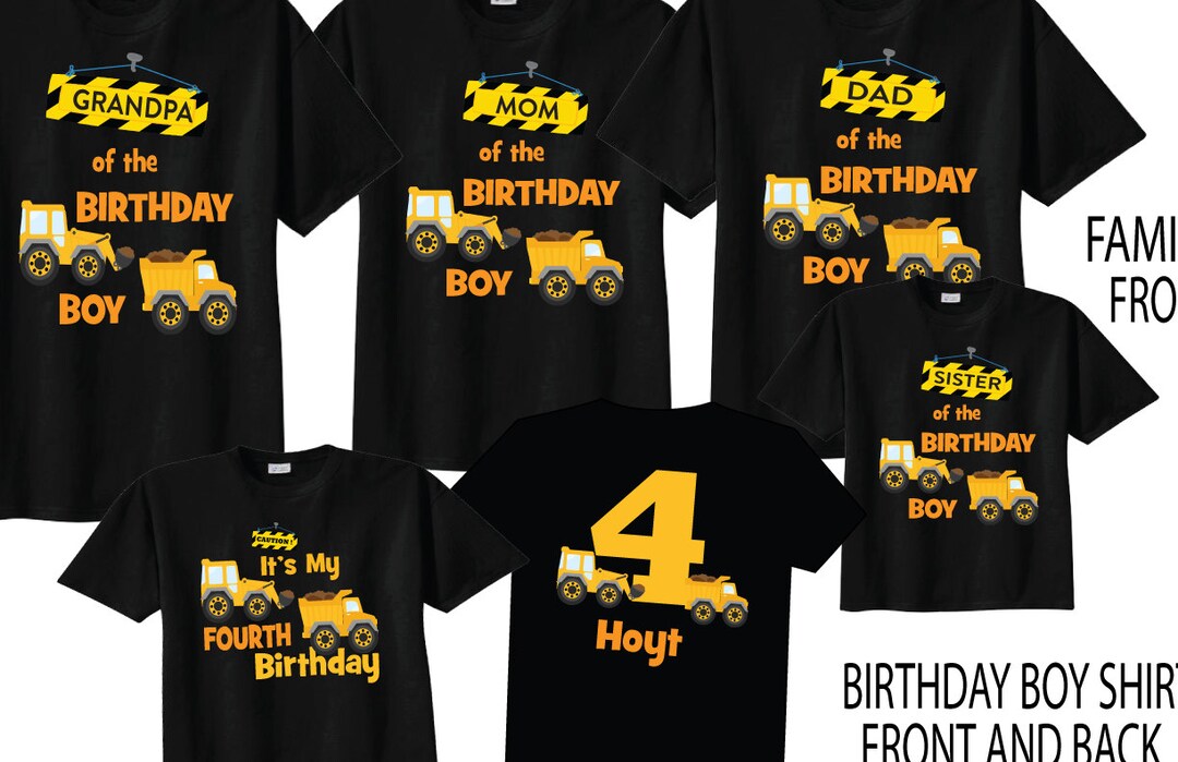 1 or 2 Family Birthday Shirts With Construction Theme on Black, Navy