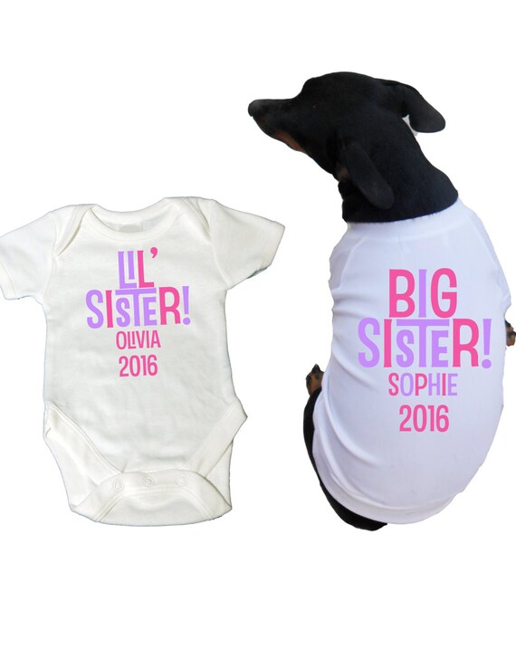 2 shirt set Big Sister Dog Shirt and Little Sister Shirt Tees with Pink Purple Lettering