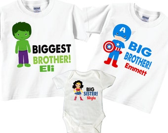 Superhero Sibling 3 Shirt Set: Big-Little Brother Sister, Matching Tees.