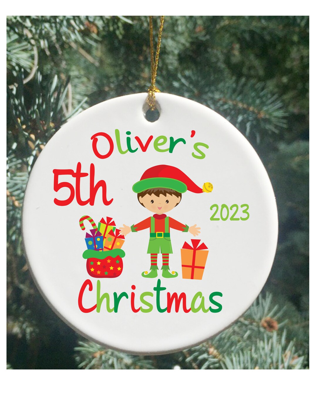 Personalized Christmas Ornament, Kids Ornament, 5th Christmas Ornament, Christmas Elf, Christmas