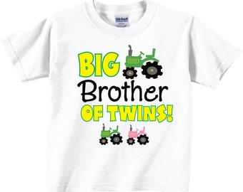 Big Brother of Twins shirts with Cute Tractors, pregnancy announcement with cute tractor theme for twin siblings