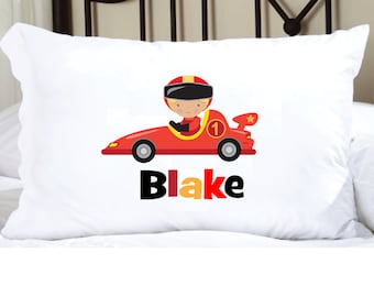 Personalized Race Car Pillowcase: Custom Name, Boys Bedroom Decor. Kids Pillow Case Cover.