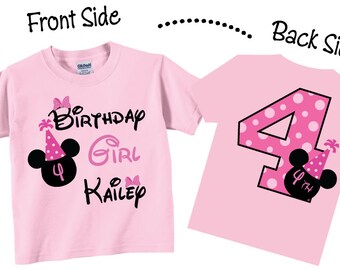 4th Birthday Shirts  Birthday Girl for Girls Pink and Party Hat Tees. Fun Birthday Theme shirt with playful character for any age