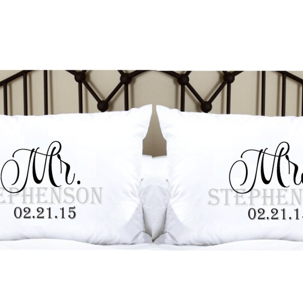Personalized Pillowcases with Mr. and Mrs. and Last Name and Date, these pillow cases have the Mr. & Mrs. with their last name, anniversary
