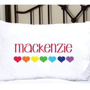 Personalized Pillowcase for Kids with PRIMARY colored Rainbow Hearts, cute pillow case with colorful rainbow colored hearts