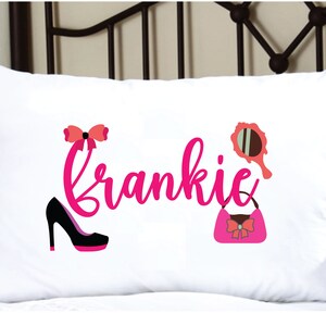 Personalized Pillowcase with Cute Girls Name and Fashion, cute pillow case with adorable fashion accessory, great gift for your girly person