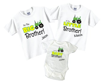 Set of 3 Matching Green Tractor Shirt Set: Big, Little, Baby Brother.