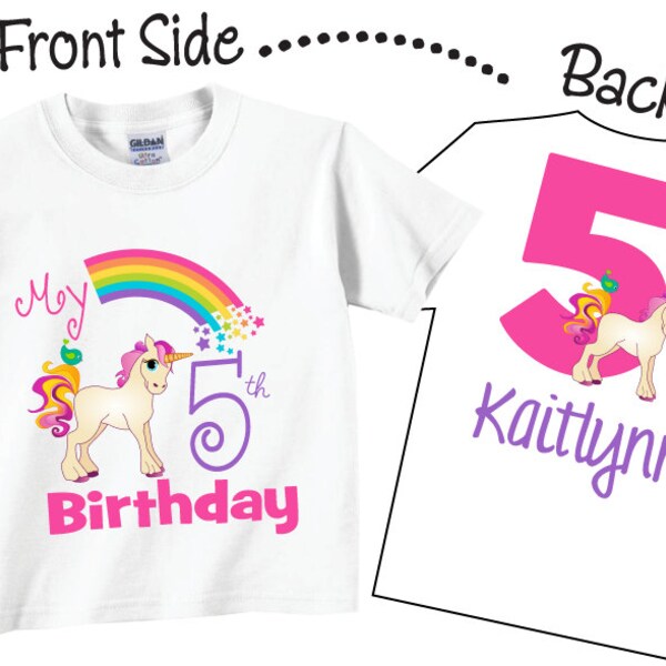 Camiseta de cumpleaños de unicornio arcoíris: camiseta personalizada para el quinto cumpleaños