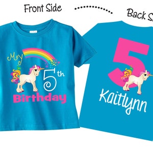 5th Birthday Shirts and Tshirts with Unicorn, Unicorn Birthday Shirts on TURQUOISE shirt, fun birthday theme with rainbow and unicorn