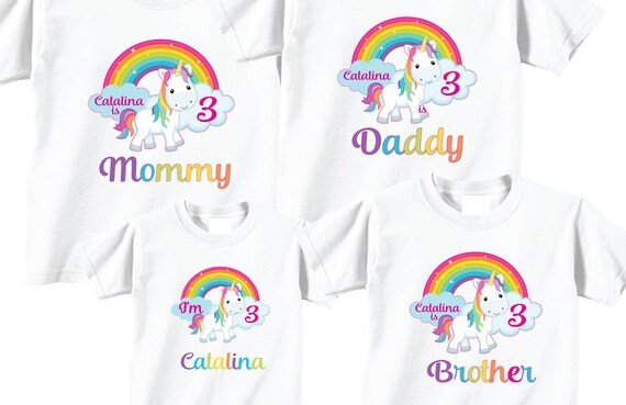 4 Shirt Set Rainbow Unicorn Mom and Dad 