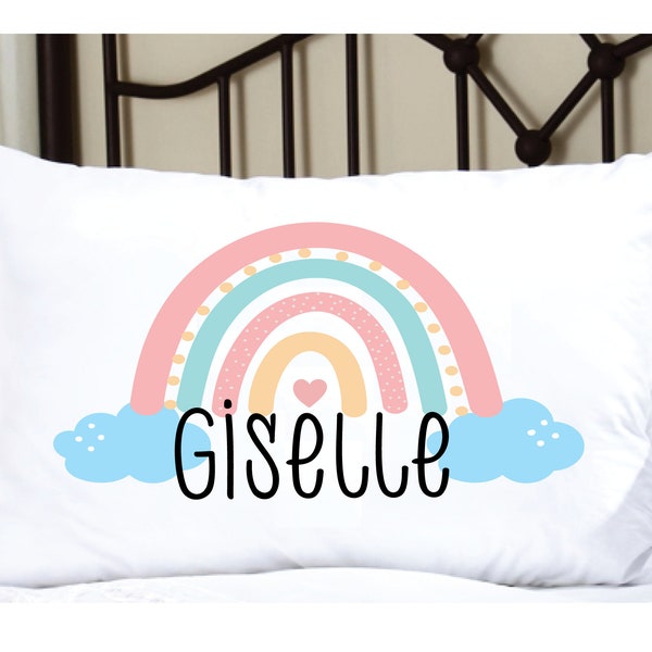 Personalized Pillowcase for Kids with a BOHO PASTEL Rainbow and Hearts, adorable pillow case with rainbow and hearts