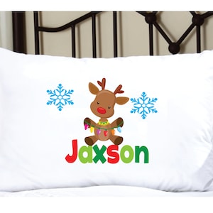 Personalized Christmas Pillowcase with Christmas Reindeer, snowflakes, and christmas lights