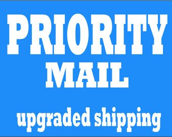 May include: A blue and white sign with the text "PRIORITY MAIL upgraded shipping" in white bold letters.