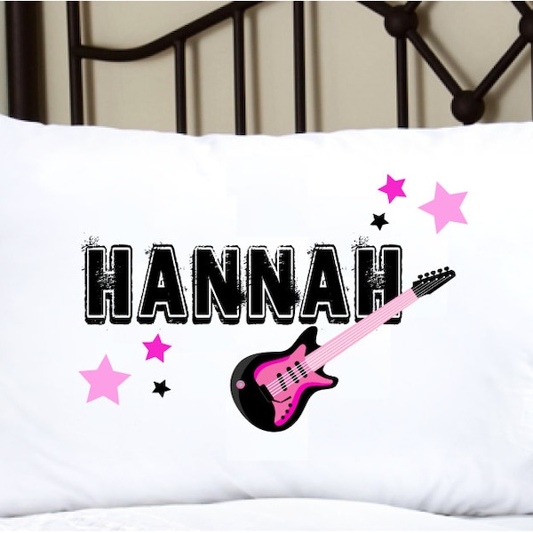 Personalized Pillowcase with Rockstar Theme, Guitar in Pink and Black, rocking pillow case with guitar theme, great gift for your musician