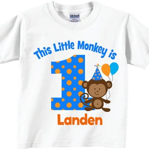 May include: White t-shirt with a blue and orange polka dot number one, a monkey wearing a party hat and holding balloons, and the text "This Little Monkey is 1 Landen".