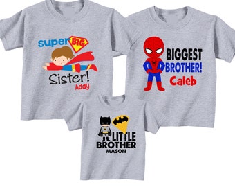 3 shirt set Matching Biggest Brother, Little brother, Big Sister Sibling T shirt set Tees