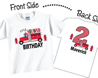 2nd Birthday Shirts with Firetruck for Boys Tees, fun birthday t-shirt and tees, firetruck birthday shirt, any age or birthday