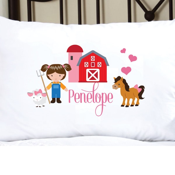 Personalized Pillowcase for Girls with Cute Farm, pilltheme with farm girl, sheep, horse and barnow case with cute farmyard