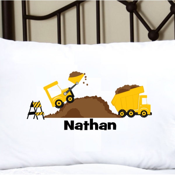 Personalized Pillowcase with Construction Vehicles, dump truck, front loader, this pillow case has a hard working construction theme