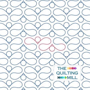 May include: A repeating pattern of blue, teardrop-shaped designs with circles and triangles, set against a white background. One section of the pattern is highlighted in red. The logo for "The Quilting Mill" is in the bottom right corner.