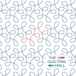 May include: White fabric with a repeating pattern of blue and red swirling lines. The design features a dense arrangement of interconnected loops, with a few red loops interspersed among the blue ones. The text "THE QUILTING MILL" is in the lower right corner.