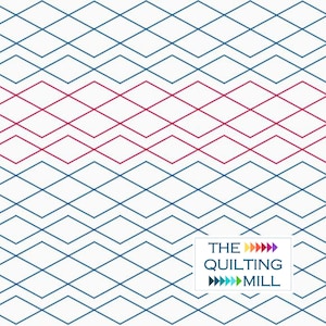 May include: A white background with a repeating pattern of blue and red diamond shapes. The text "THE QUILTING MILL" is in the lower right corner of the image.