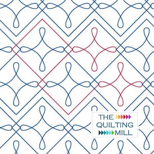May include: A white background with a repeating pattern of blue and red curved lines forming a diamond shape. The text "THE QUILTING MILL" is in the lower right corner of the image.