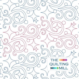 May include: A white background with a repeating pattern of blue and red swirls and stars. The text "THE QUILTING MILL" is in the bottom right corner of the image.