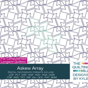 Può includere: Motivo di quilting digitale "Askew Array" con un motivo geometrico ripetuto in blu scuro su sfondo bianco. L'immagine include testo che indica la compatibilità con trapuntatrici a braccio lungo computerizzate e vari formati digitali.