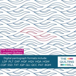 May include: Digital quilting pattern featuring a wave design in blue and red on a white background. The image includes the text "For Computerized Longarm Quilters" and a list of digital pantograph formats. The logo for The Quilting Mill is also present.