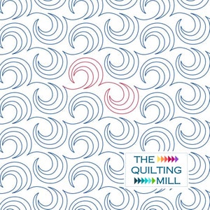 May include: A white background with a repeating pattern of blue swirls. Three swirls in the center are highlighted in red. The text "THE QUILTING MILL" is in the bottom right corner with colorful arrows.