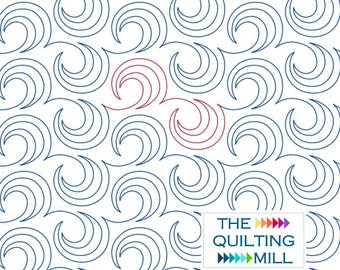 May include: A white background with a repeating pattern of blue swirls. Three swirls in the center are highlighted in red. The text "THE QUILTING MILL" is in the bottom right corner with colorful arrows.