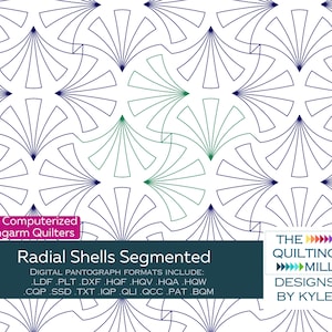 May include: A digital quilting pattern for longarm quilters called "Radial Shells Segmented". The pattern features a repeating design of blue and green geometric shapes. The text "THE QUILTING MILL DESIGNS BY KYLE" is in the bottom right corner.