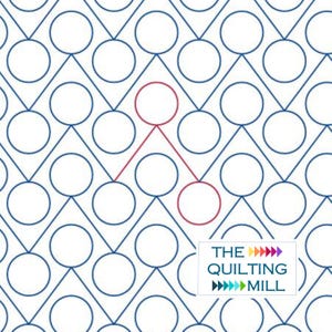 May include: A white background with a repeating pattern of blue circles connected by lines. Two red circles are connected by a line, creating a branch-like shape. The text "THE QUILTING MILL" is in the bottom right corner.