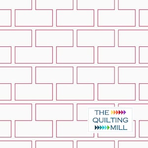 May include: A white background with a repeating pattern of red brick outlines. The text "THE QUILTING MILL" is in the lower right corner with colorful arrows.