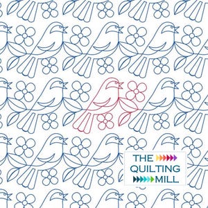 May include: A repeating pattern of stylized birds and flowers in blue and red outlines on a white background. The birds are perched on leafy branches, with each bird next to a flower. The text "THE QUILTING MILL" is in a white rectangle.
