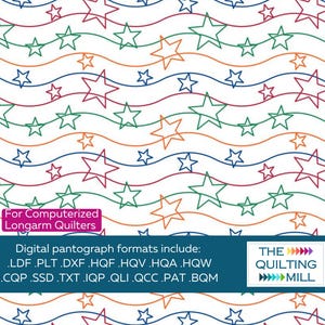 May include: White background with a repeating pattern of colorful stars and wavy lines. The image includes text that reads "For Computerized Longarm Quilters" and lists digital pantograph formats. The logo for "The Quilting Mill" is also present.