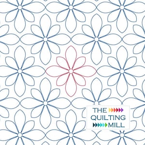 以下が含まれることがあります： 白い背景に、青い輪郭のついた花が繰り返しパターンで描かれています。中央の花は赤い輪郭で描かれています。右下に「THE QUILTING MILL」というテキストがあります。