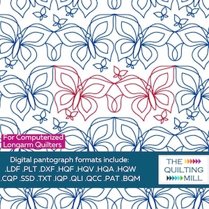 Puede incluir: Un fondo blanco con un patrón repetitivo de mariposas en contornos azules y rojos. El diseño es para acolchadoras de brazo largo computarizadas. La imagen incluye una lista de formatos de pantógrafo digital y el logotipo de The Quilting Mill.