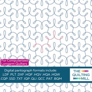 Può includere: Design digitale di motivi per trapuntatura con un motivo a vortice blu ripetuto su sfondo bianco. L'immagine include il testo "For Computerized Longarm Quilters" e un elenco di formati di pantografo digitale.