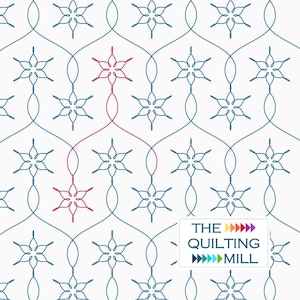 May include: A white background with a repeating pattern of blue and red stylized flowers. The text "THE QUILTING MILL" is in the lower right corner with a rainbow of arrows.