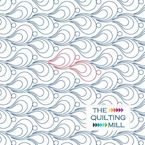 May include: A repeating pattern of blue, wave-like designs with small circles, and a red accent. The image features the text "THE QUILTING MILL" in a white rectangle. This design is suitable for quilting projects.