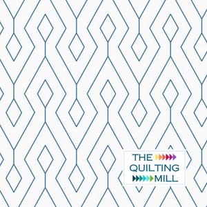 May include: A white background with a repeating pattern of blue diamond shapes. The pattern is made up of thin lines that create a geometric design. The text "THE QUILTING MILL" is in the bottom right corner of the image.