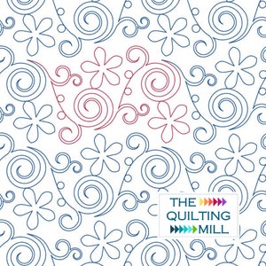 May include: A seamless pattern featuring blue and red swirls and flowers. The pattern is on a white background. The text "THE QUILTING MILL" is in the bottom right corner of the image.