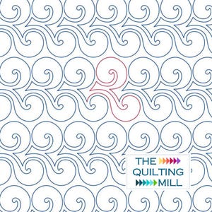 Puede incluir: Un patrón repetitivo de remolinos azules sobre un fondo blanco, con un solo remolino rojo en el centro. La imagen incluye el texto "THE QUILTING MILL" en un rectángulo blanco con flechas de colores.