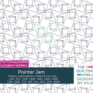 Puede incluir: Un patrón de acolchado digital titulado "Pointer Jam" con un diseño geométrico repetitivo en azul oscuro y verde sobre un fondo blanco. El patrón está diseñado para acolchadoras de brazo largo computarizadas. La imagen incluye el texto "The Quilting Mill Designs by Kyle."