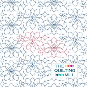 May include: A white background with a repeating pattern of blue and red stylized flowers. The flowers are outlined in blue and red and have a starburst shape in the center. The text "THE QUILTING MILL" is in the lower right corner of the image.