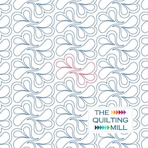 May include: White background with a repeating pattern of blue, teardrop-shaped swirls. A single red swirl is centered in the design. The text "THE QUILTING MILL" is in a white rectangle in the lower right corner.